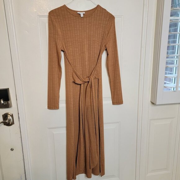 Topshop Tan Ribbed Long Sleeve Midi Dress with Waist Tie | Size 10 - Picture 11 of 12